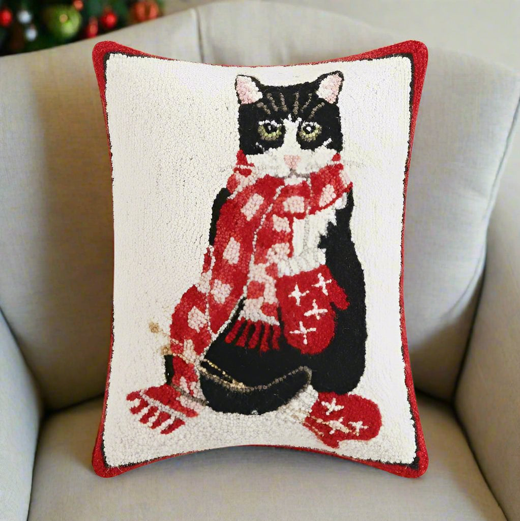 European Christmas Black Cat Hook Throw Pillow with Insert 14 x 18 Au Bon Gout Boutique