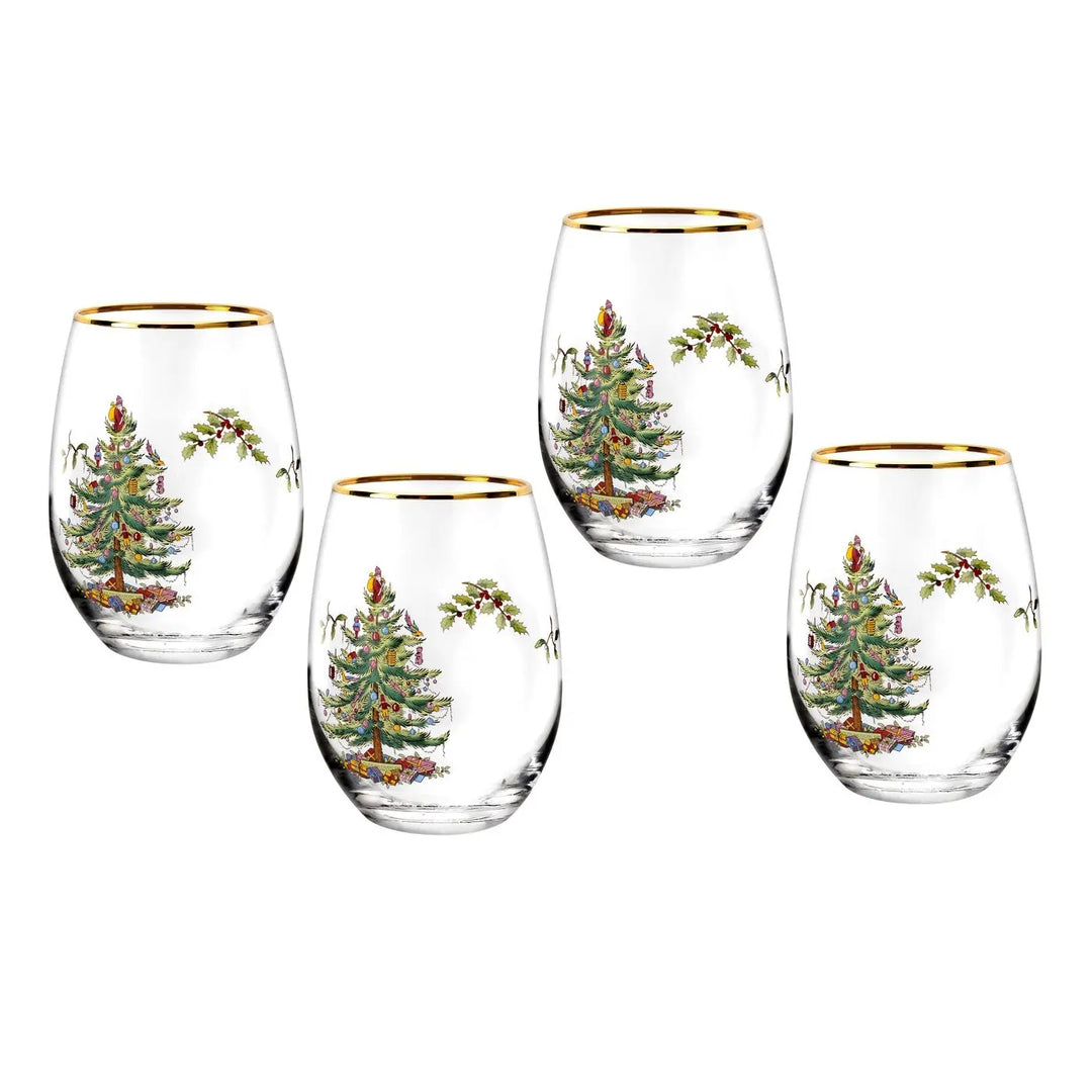 Spode, Set of 4, Christmas Tree Stemless Wine Glasses – Au Bon Goût Boutique