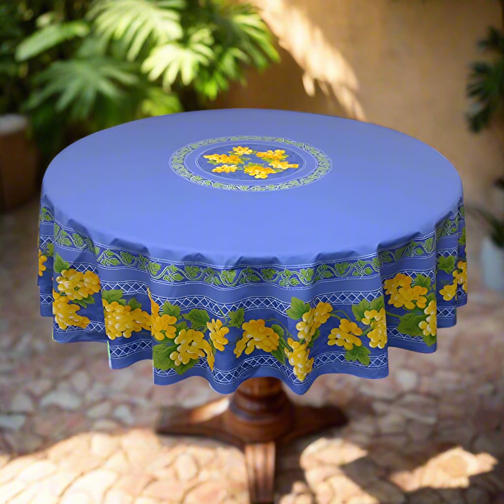 Le Cluny 68" Round Tablecloth - Lavender Yellow Coated Cotton French Provence Style Table Cover