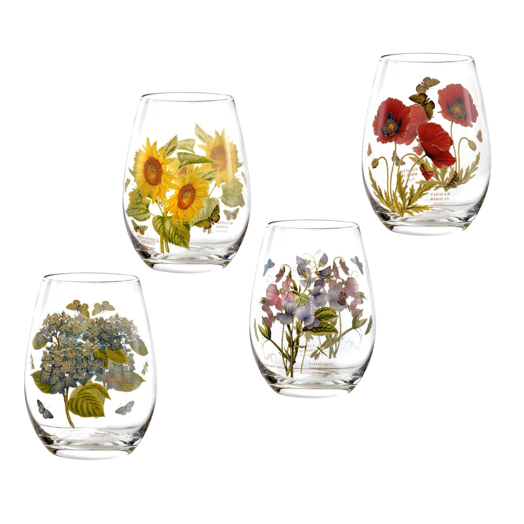 Portmeirion, Botanic Garden, Set of 4 Stemless Wine Glasses (Assorted  Floral Motifs)