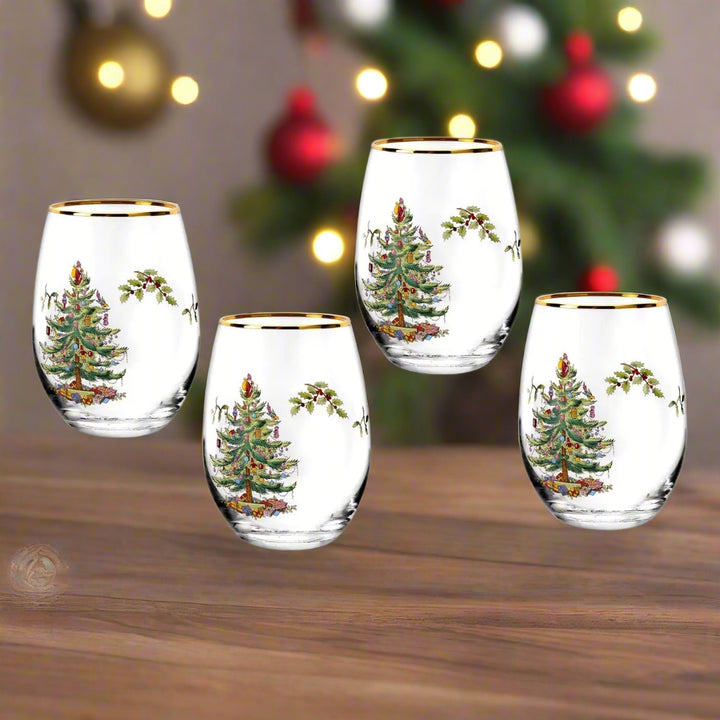 Spode, Set of 4, Christmas Tree Stemless Wine Glasses – Au Bon Goût Boutique