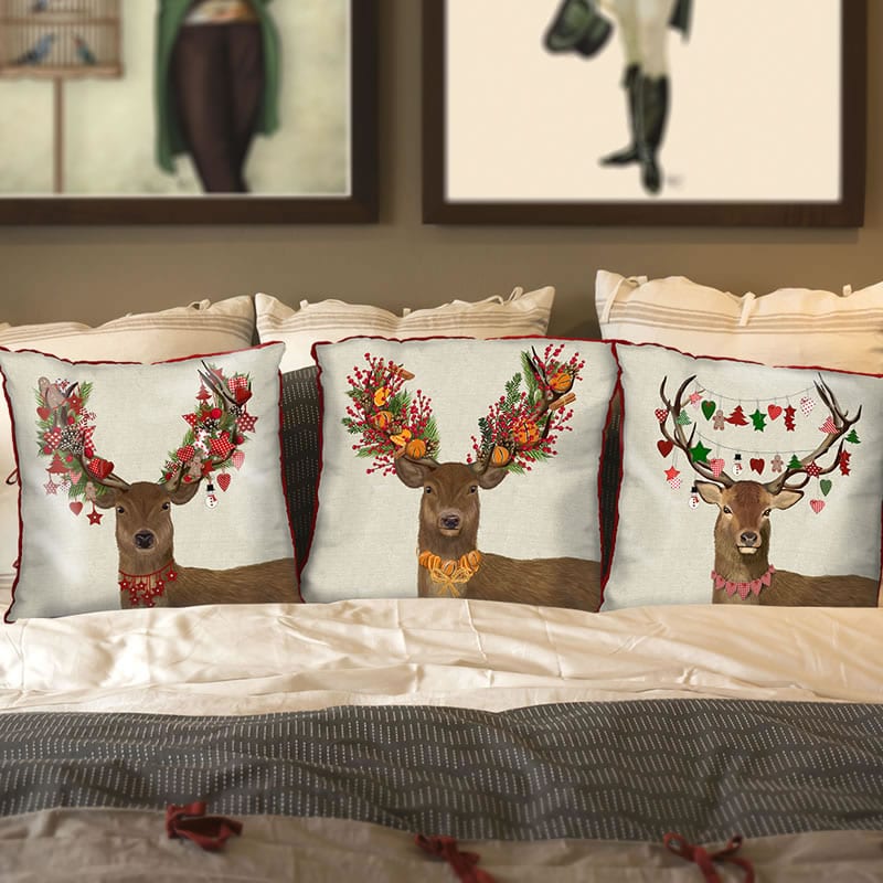 Kelly Stevens McLaughlan Deer Cranberry Orange Wreath Christmas Pillow Cushion Cover 18 x 18