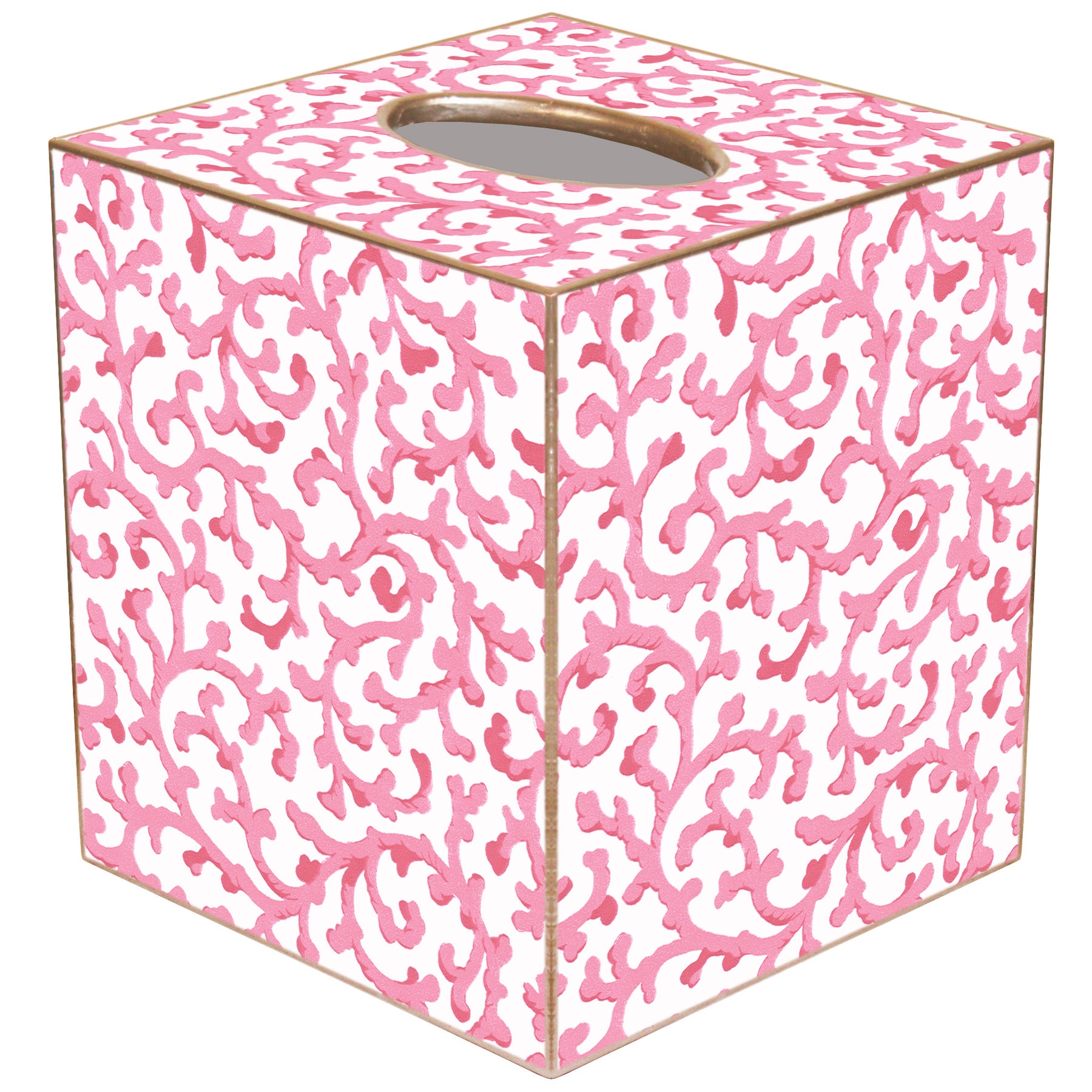 Marye-Kelley, Waverly Pink Scroll Tissue Box Cover, Gold Trim